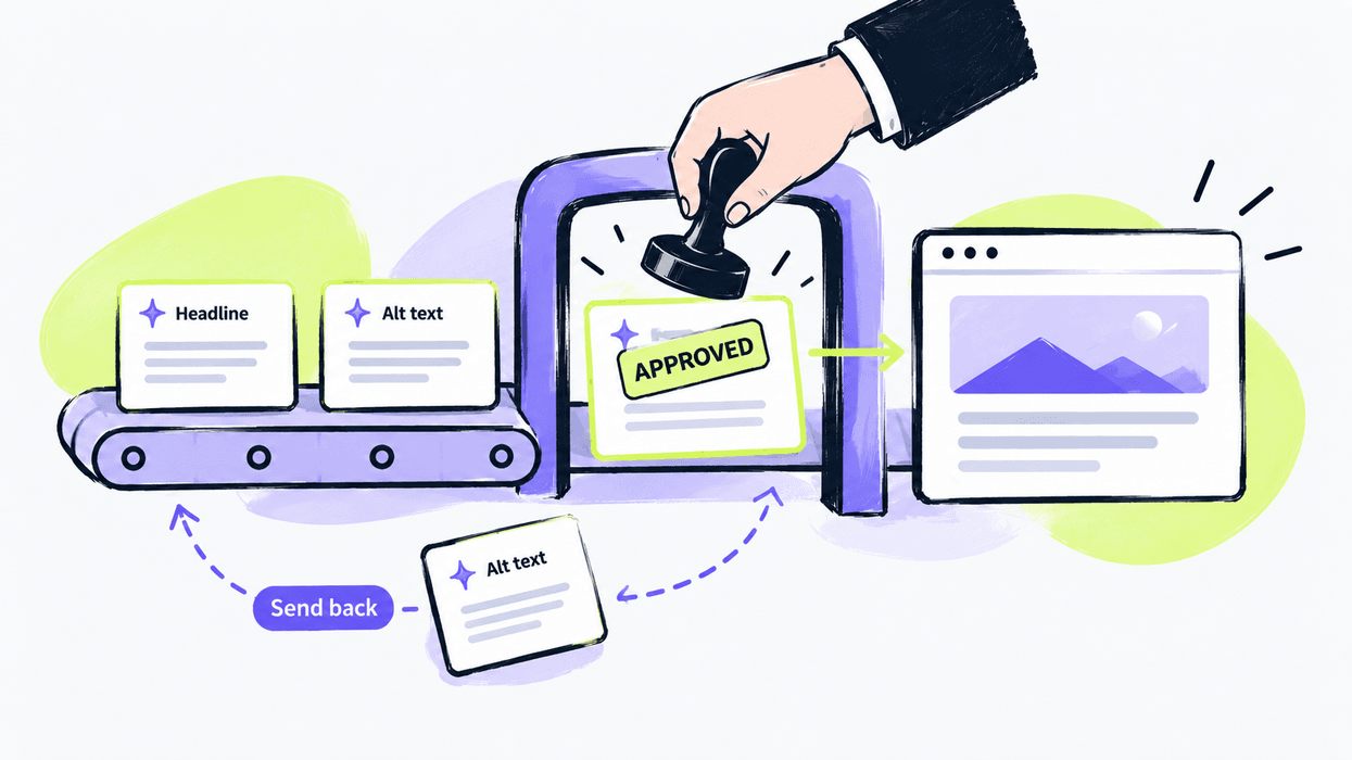 conveyor belt approval process with a stamp and web page illustration