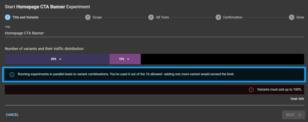 CTA banner experiment setup; variants total 45%, exceeding limit warning shown.