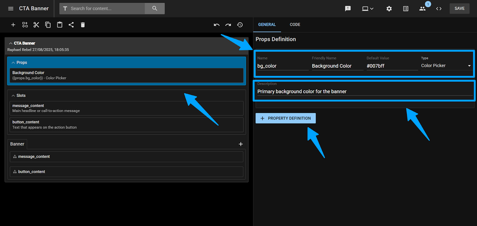CTA Banner UI with background color settings and property definitions.
