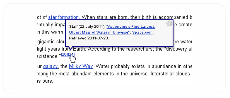 cursor hovering over a hyperlink to display a citation