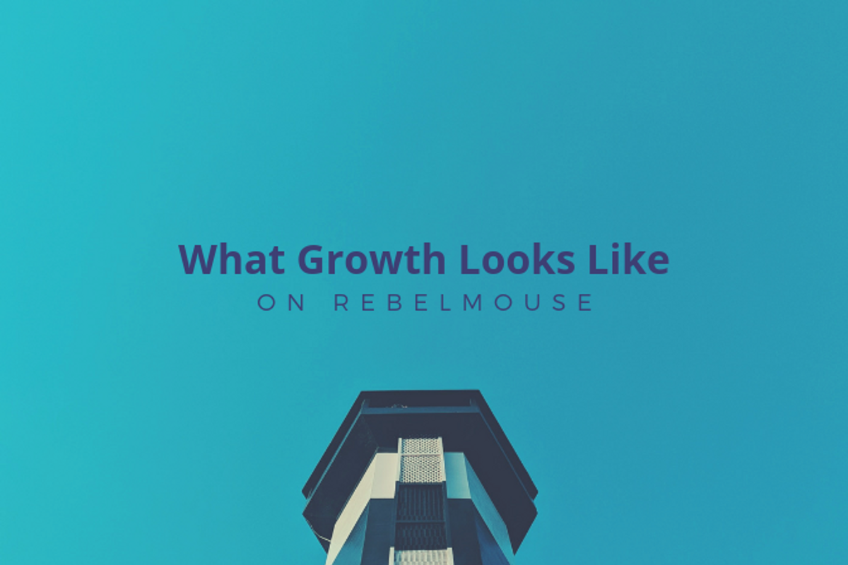 Dark blue letters over light blue background that reads "What growth looks like on RebelMouse"