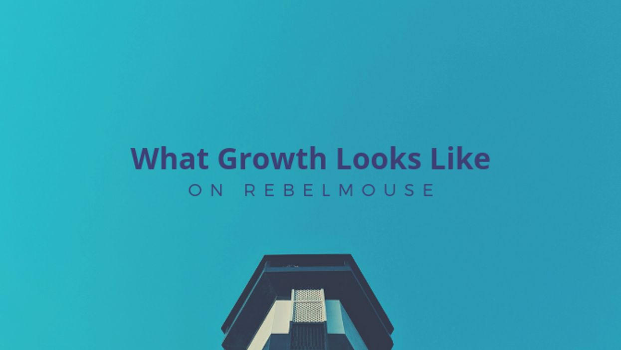 Dark blue letters over light blue background that reads "What growth looks like on RebelMouse"