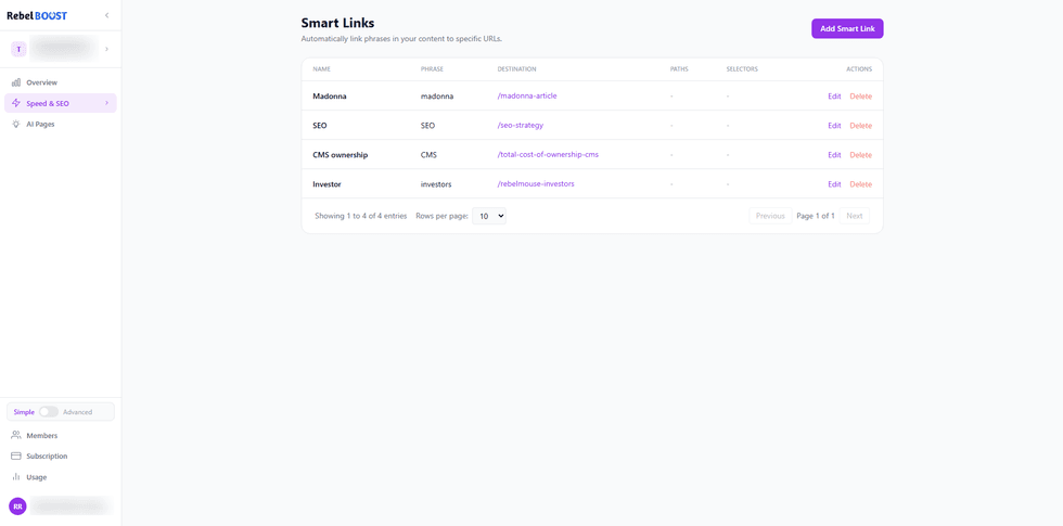 Dashboard displaying smart link management settings.