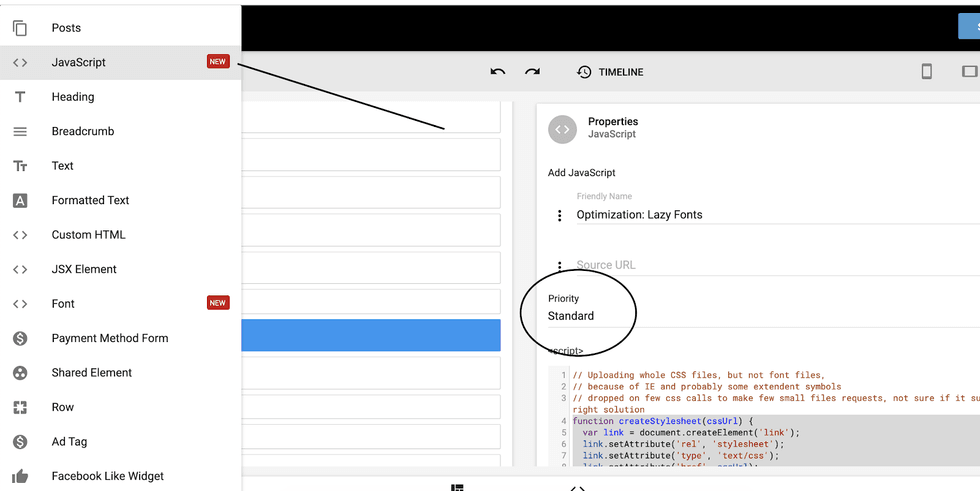 Dashboard interface showing JavaScript settings and code editor.