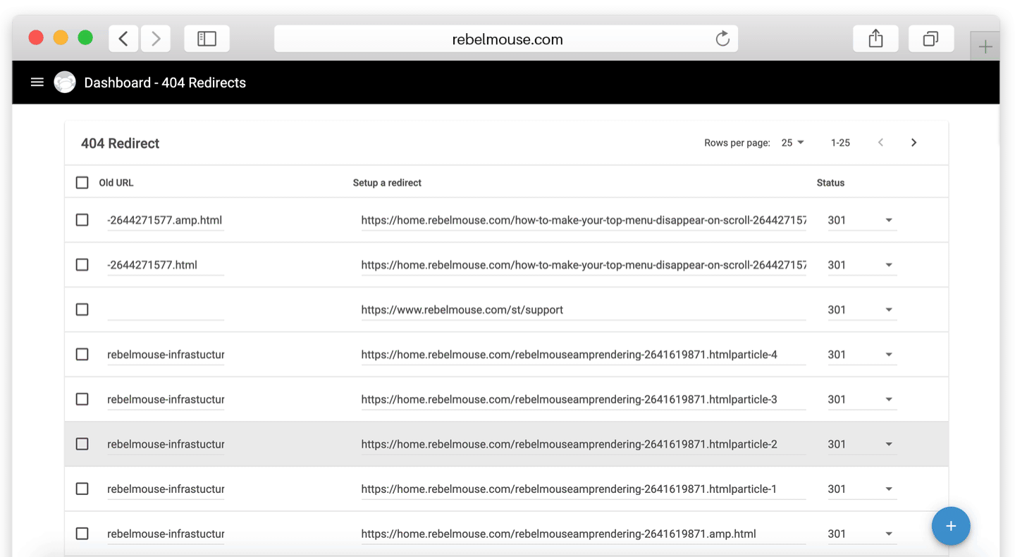 Dashboard showing 404 redirects setup with old URLs and redirect links.