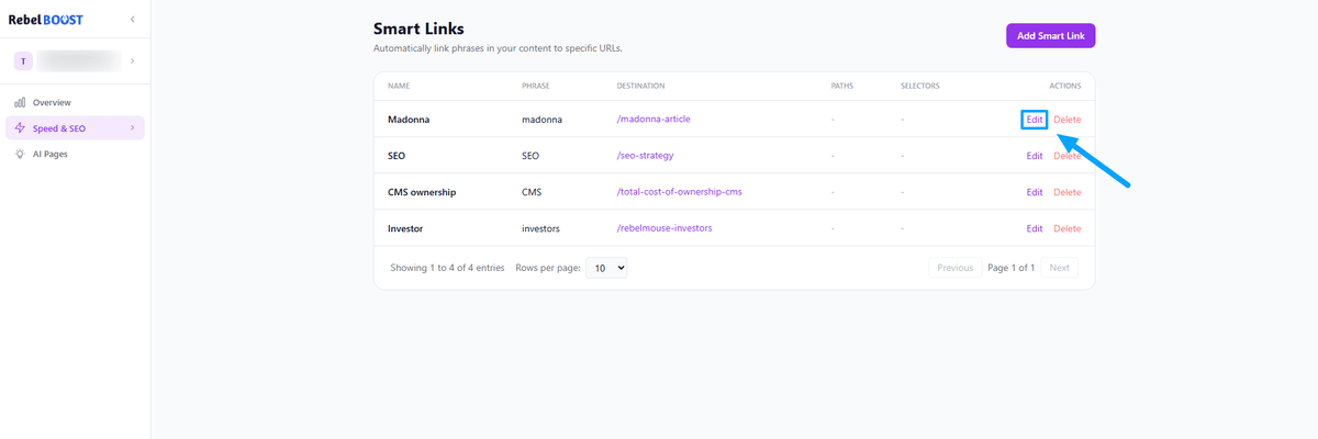 Dashboard showing editable smart links with options to edit or delete.