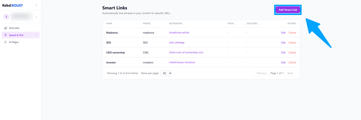 Dashboard showing smart link settings with an "Add Smart Link" button highlighted.