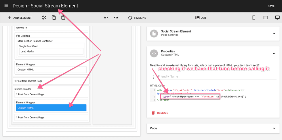 Design interface with HTML script validation highlighted.