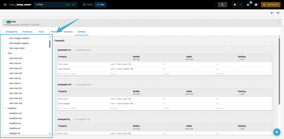 Design system interface displaying elements and utilities settings.