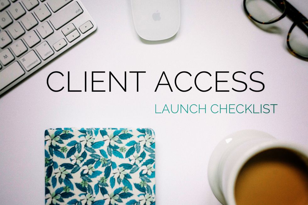 Desk with keyboard, mouse, and coffee cup; text: "Client Access Launch Checklist".