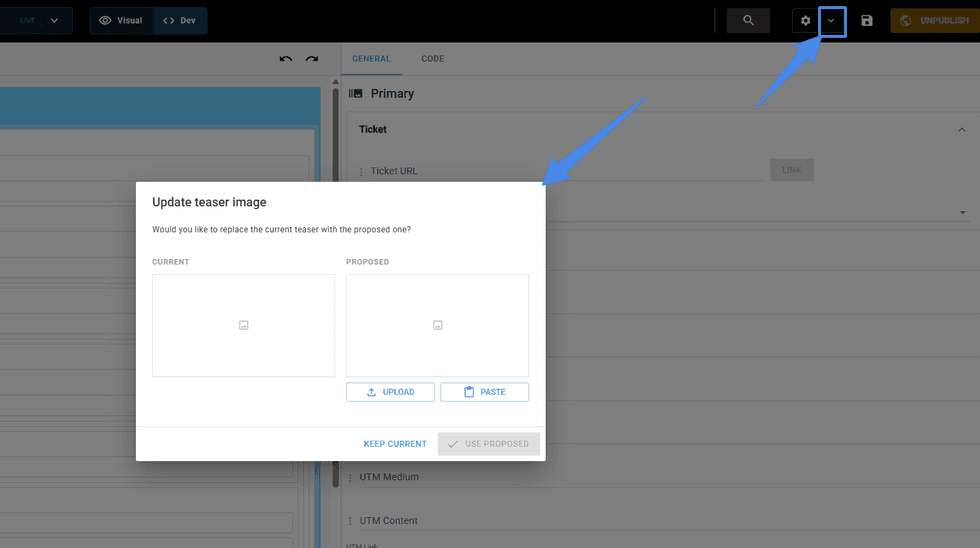 Dialog box for updating teaser image with upload and paste options.