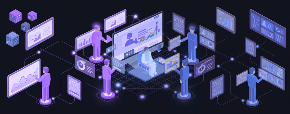 digital workspace with multiple AI agents helping a user