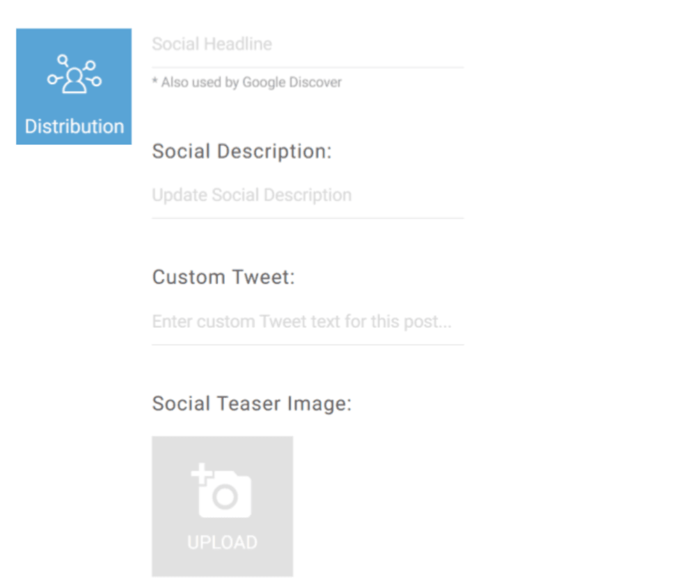 Distribution settings screen with fields for social posts and image upload.