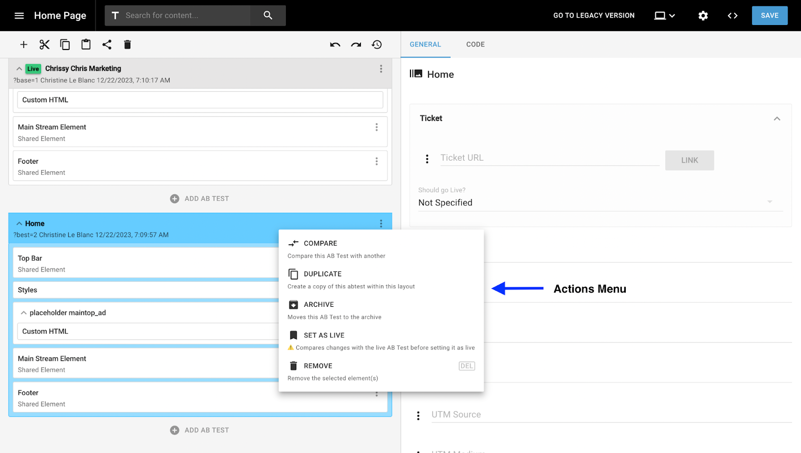Drop down menu displaying A/B testing actions