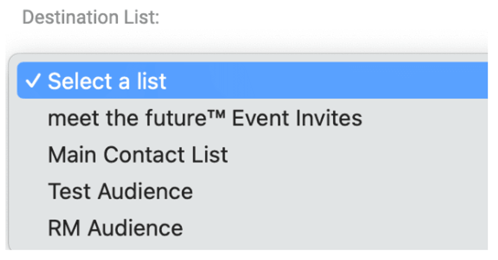 Dropdown menu with contact list options, including "meet the future\u2122" and "RM Audience."