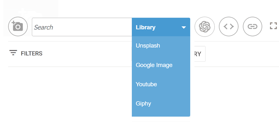 Dropdown menu with options: Unsplash, Google Image, Youtube, Giphy.
