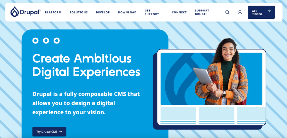 Drupal website homepage highlighting digital experience creation.