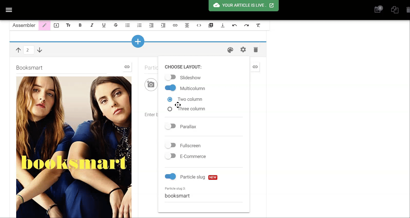 Editing interface with "Booksmart" poster and layout options menu open.