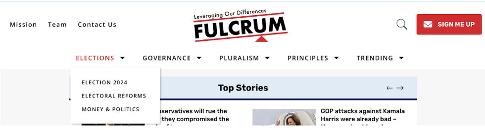 elections menu item highlighted in the navigation on The Fulcrum's website