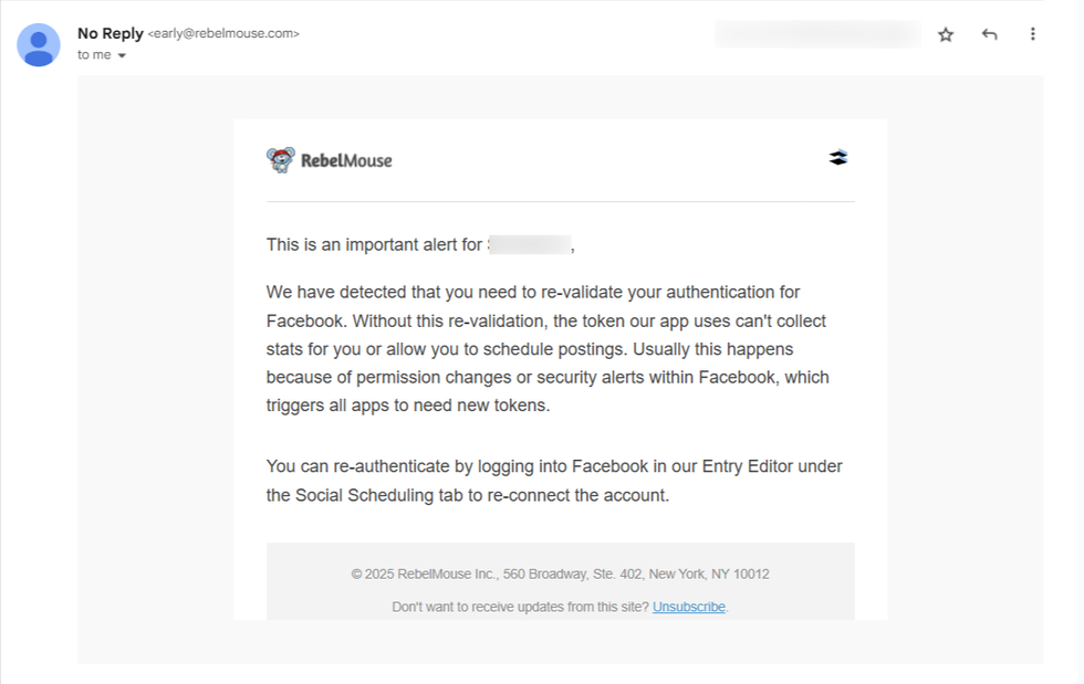 Email notification about Facebook re-authentication via RebelMouse platform.