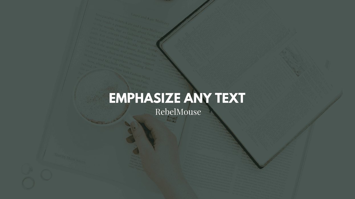 "Emphasize Any Text" in bold over an image of a book, coffee, and a hand turning a page.