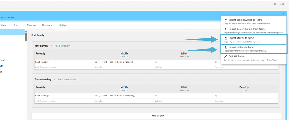 Export and import utilities options in a UI developer tool interface.