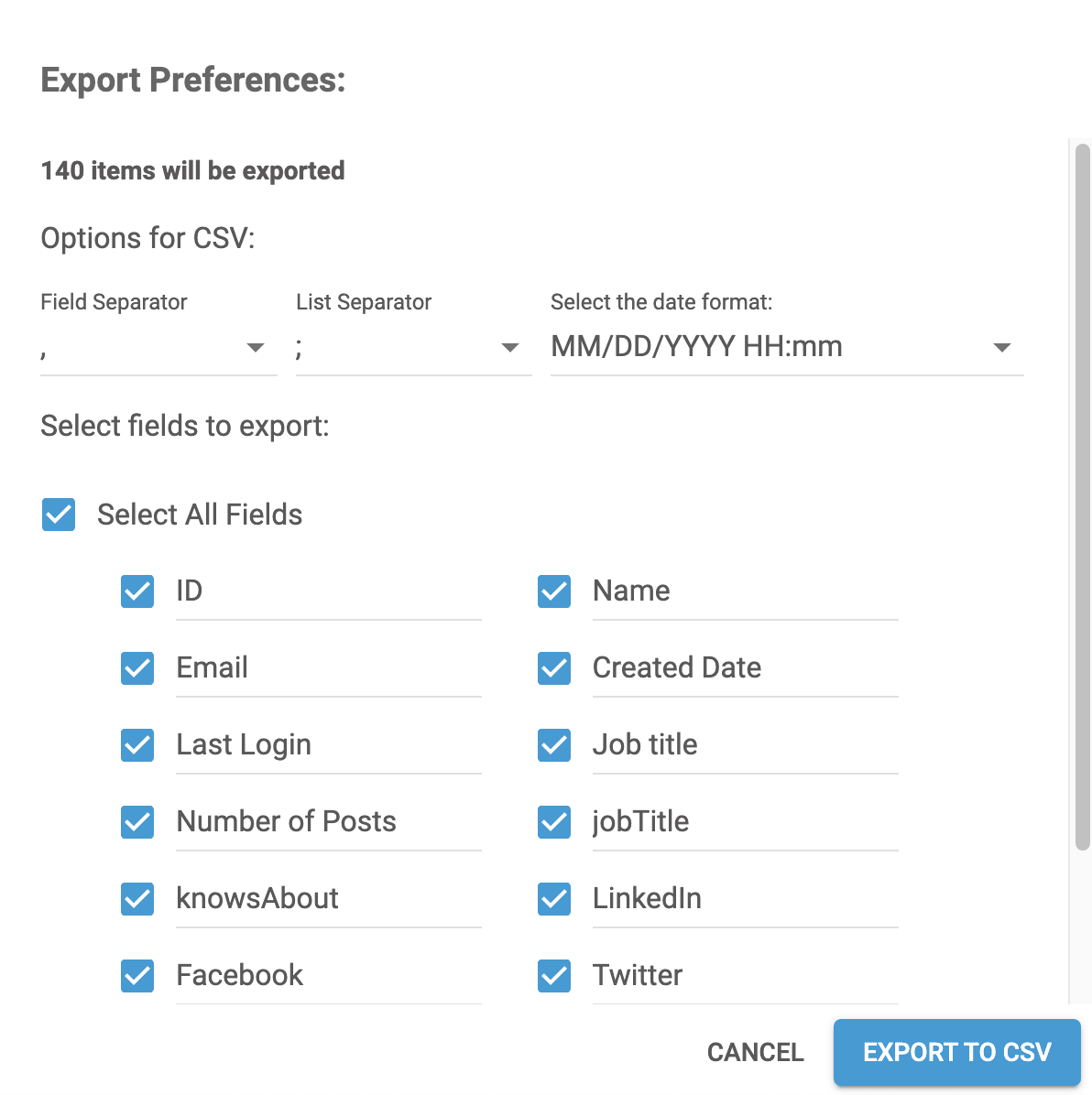 Export preferences for CSV, 140 items, fields like ID, Email, Name selected for export.