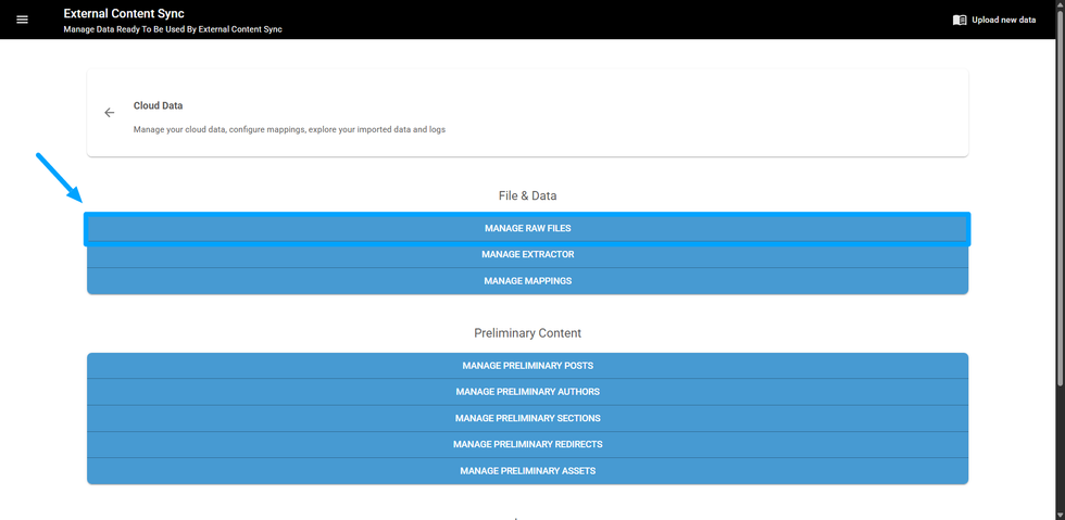 External Content Sync dashboard with file and content management options.