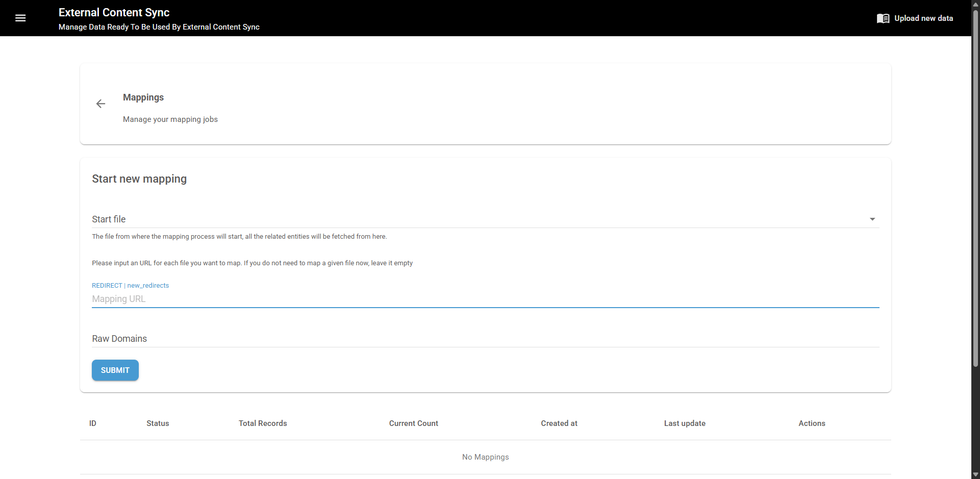 External Content Sync interface for setting up new data mapping jobs.