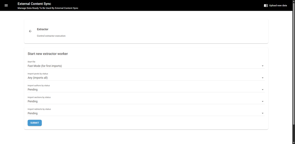 External Content Sync interface for starting a new extractor worker with various import options.