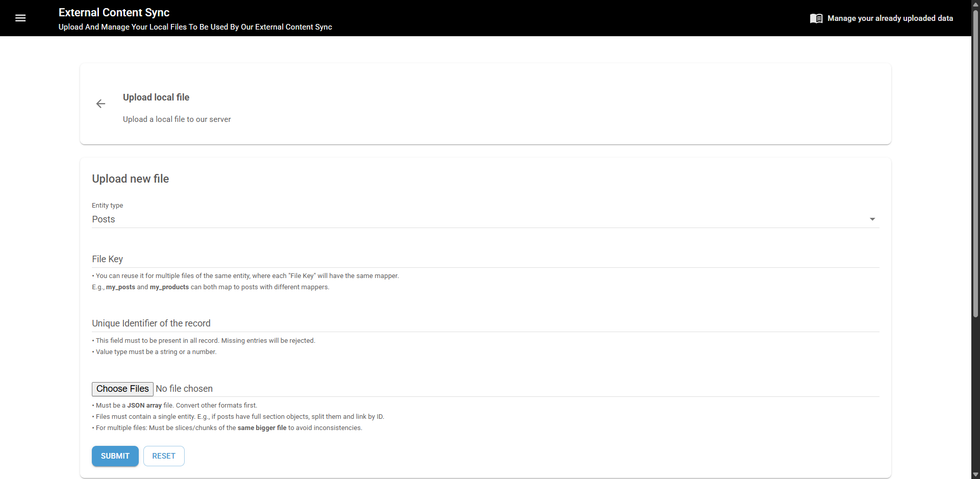 External Content Sync interface for uploading and managing local JSON files.