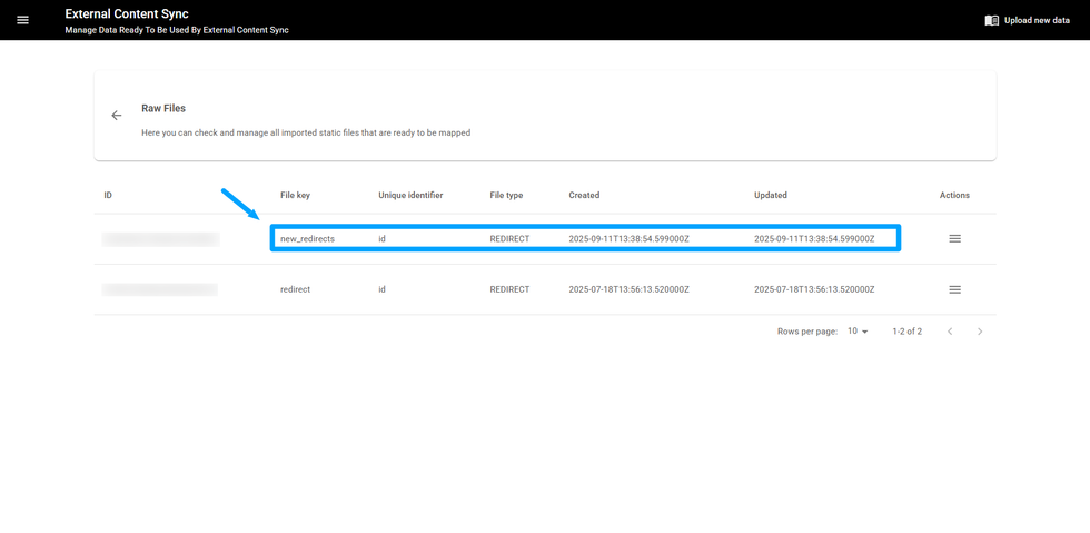 "External Content Sync interface showing raw file details and new redirects highlighted."