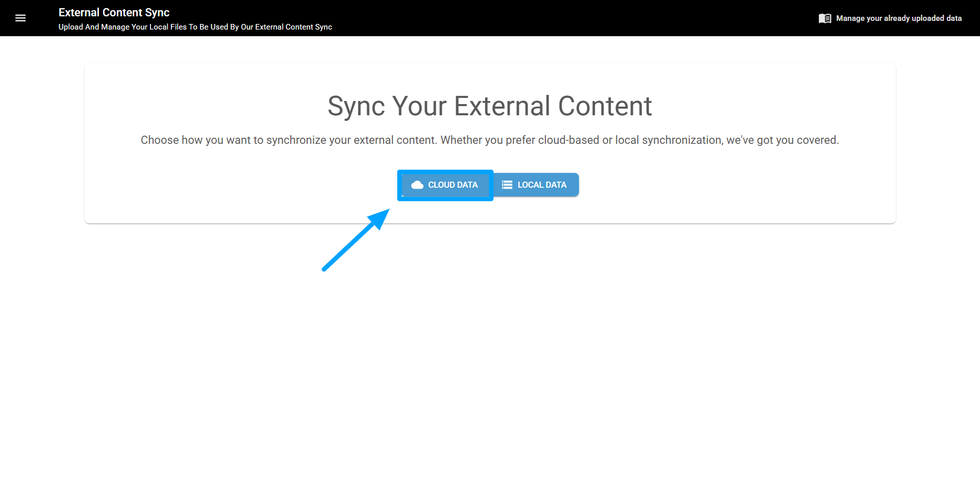 External content sync page with cloud and local data options, arrow points to cloud data button.