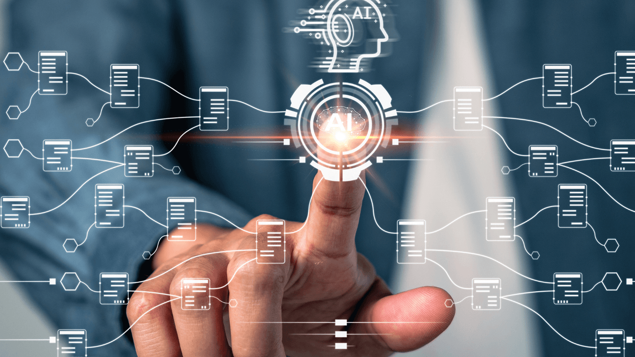 Finger touching digital AI interface with connected network nodes.