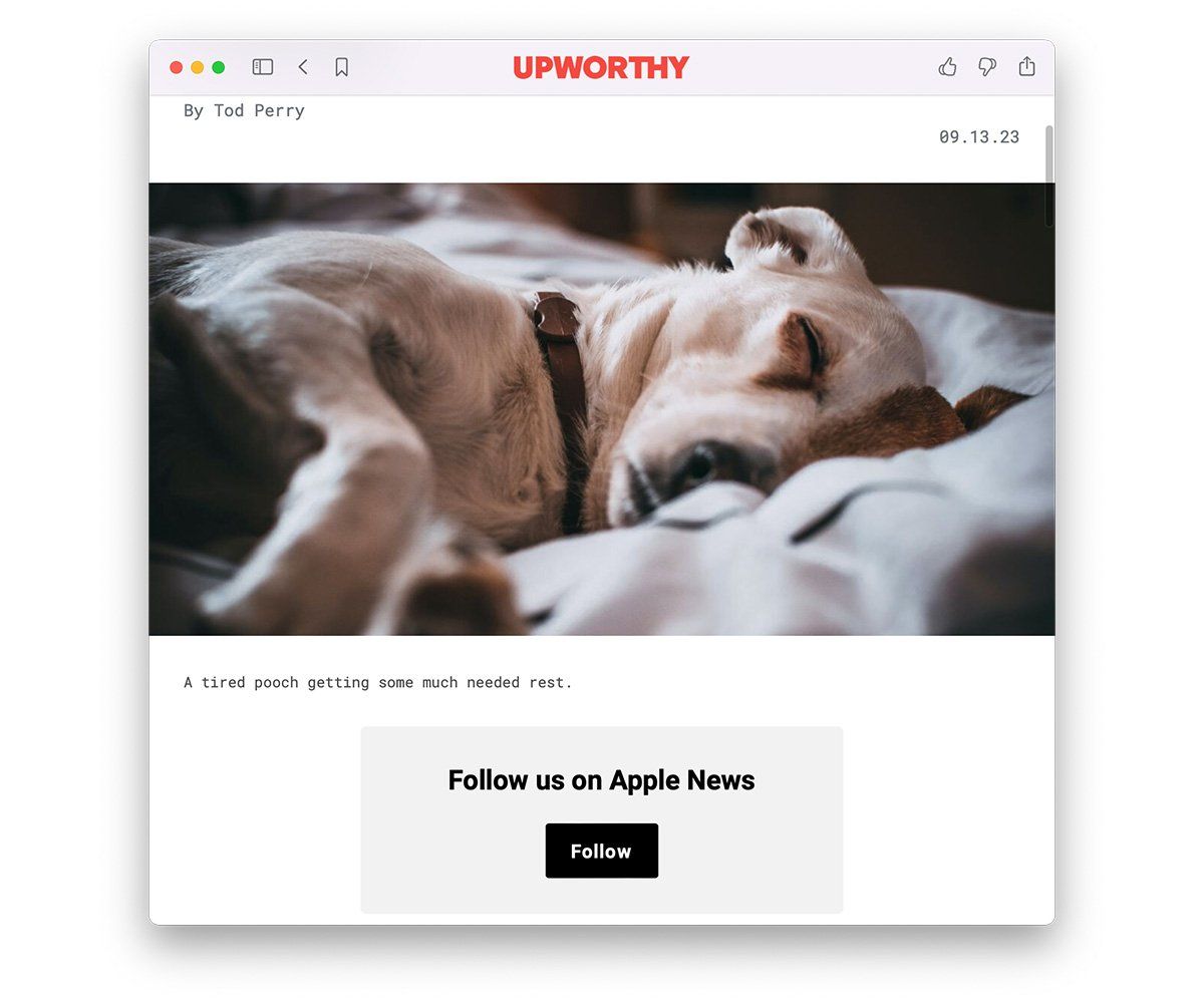 follow us call-to-action button on Upworthy's Apple News channel