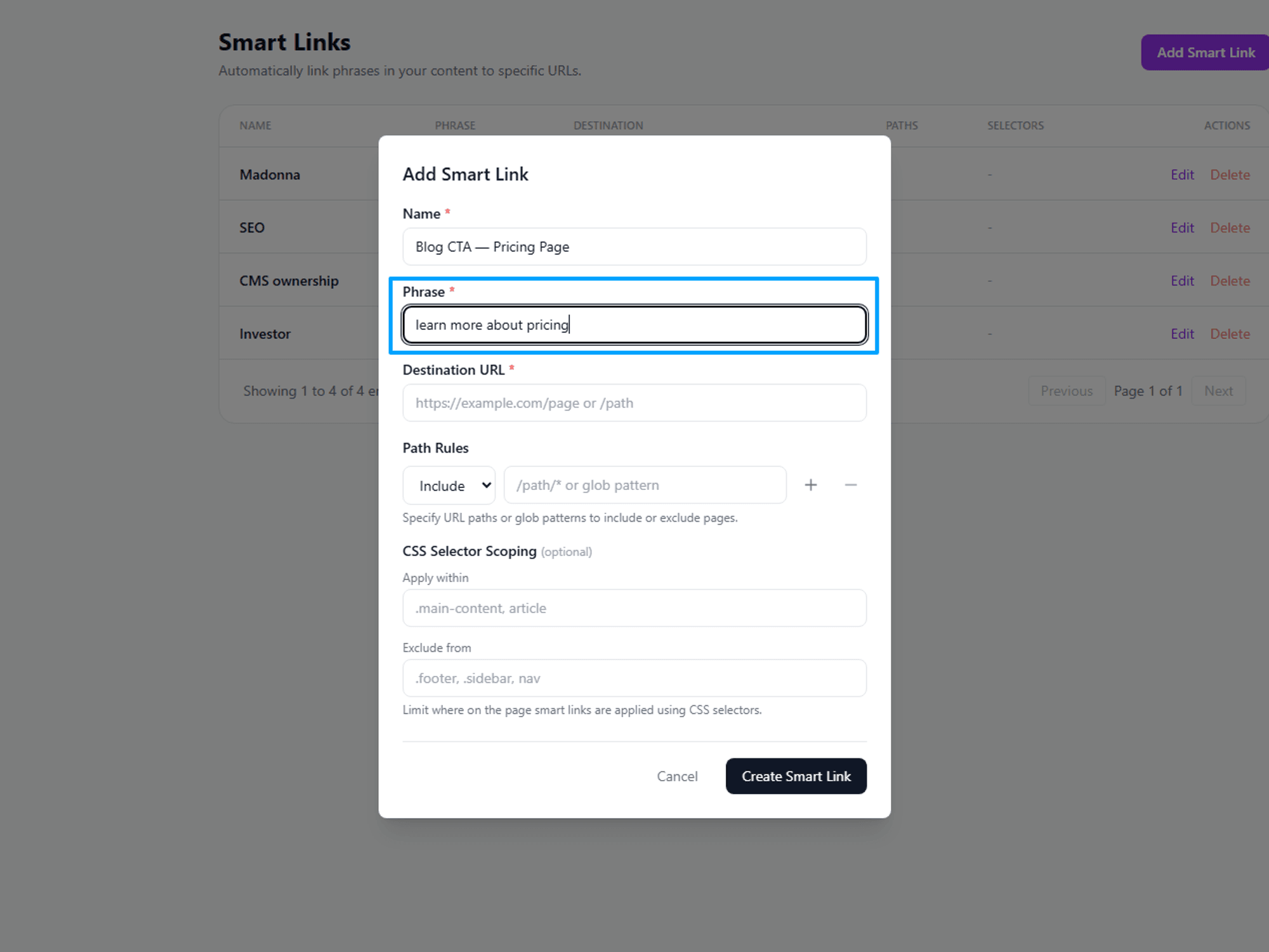 Form for adding a smart link with text fields for name, phrase, and URL.