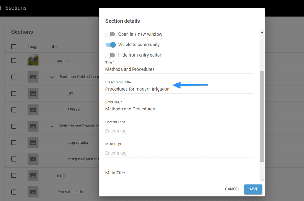 Form with section details for "Methods and Procedures" in a web editor interface.