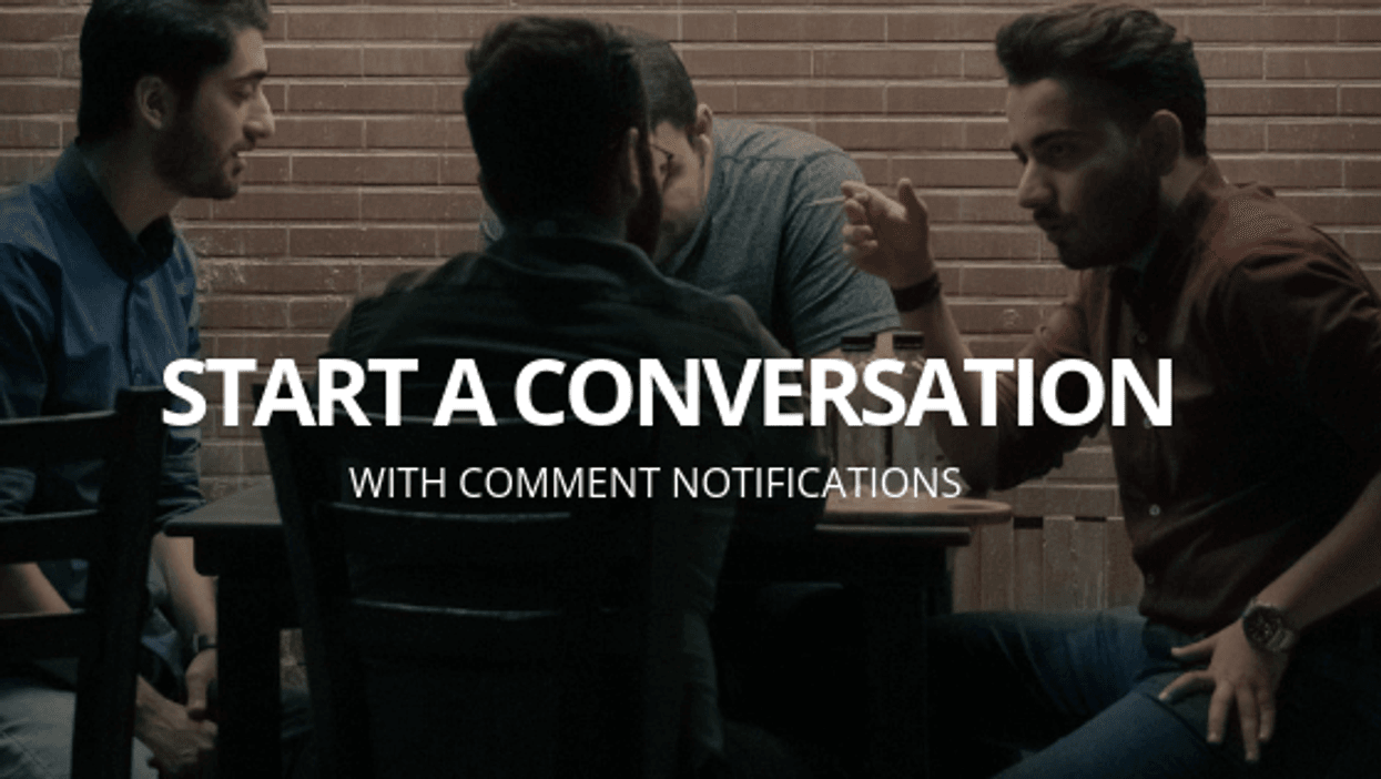 Four men conversing around a table, with "Start a Conversation" text overlay.
