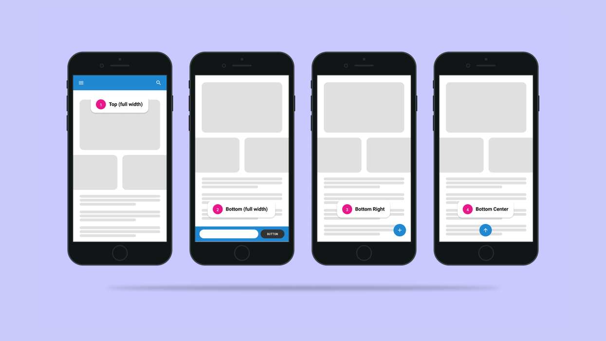 four mobile phones displaying various sticky position versions side by side