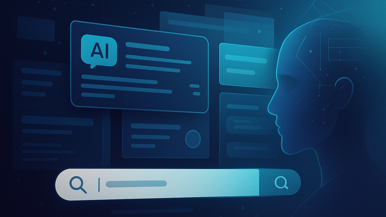 Futuristic AI interface with chat bubbles and search bar.