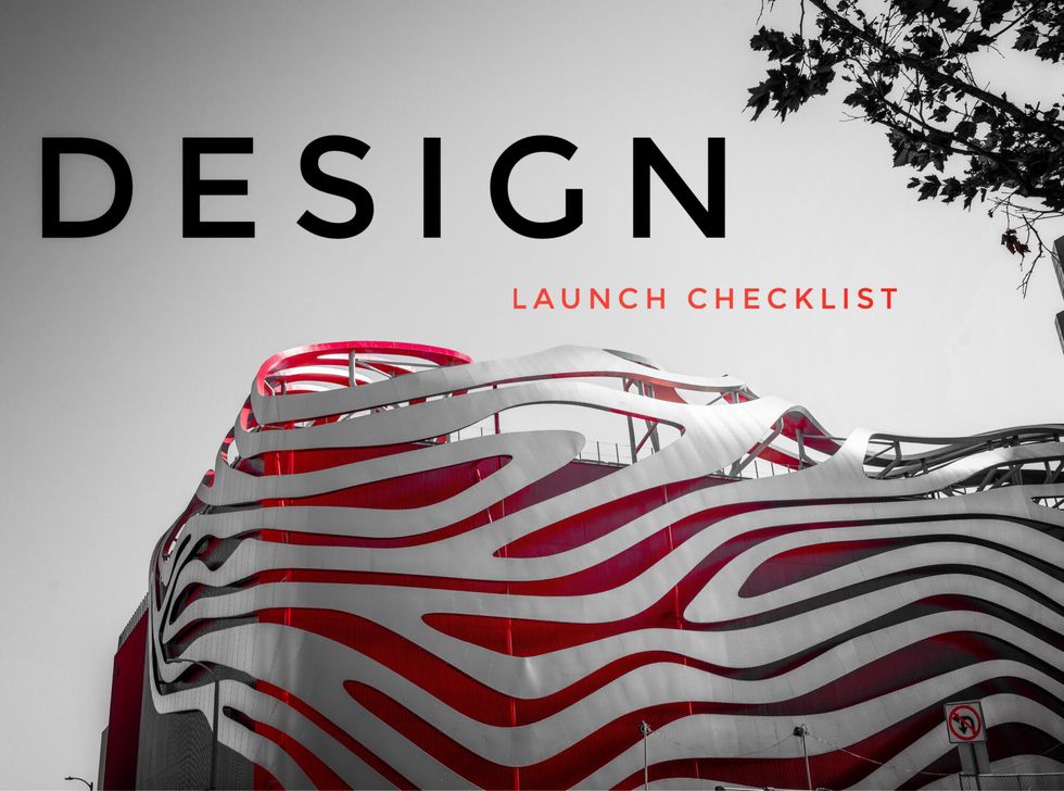Futuristic building facade with bold text: "DESIGN LAUNCH CHECKLIST".