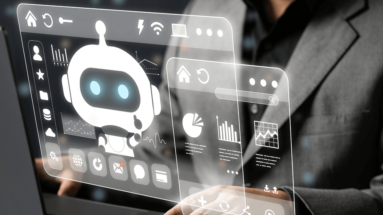 Futuristic interface with robot icon, data charts, and technology symbols on a transparent screen.
