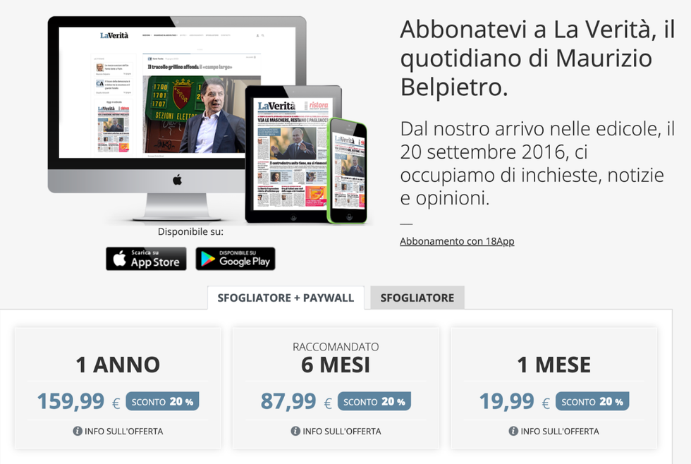 gated content subscriptions wall on La Verit\u00e0