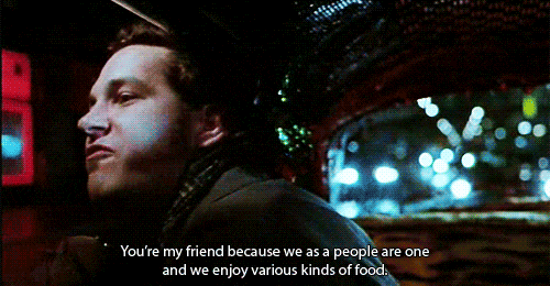 Gif of a guy screaming through a taxi window "You're my friend because we as a people are one and we enjoy various kinds of food"