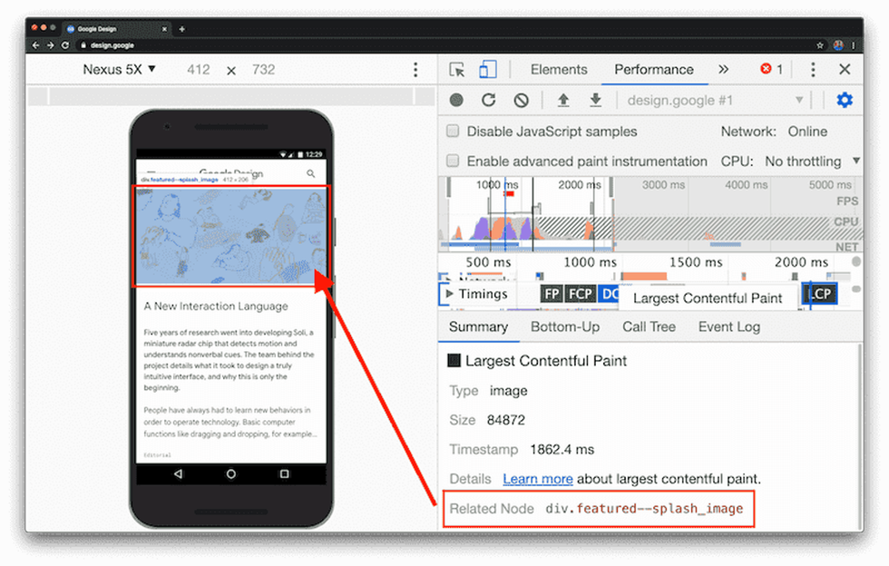 Google Chrome DevTools Performance tab showing what site elements are associated with LCP