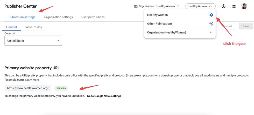Google News' Publication settings tab