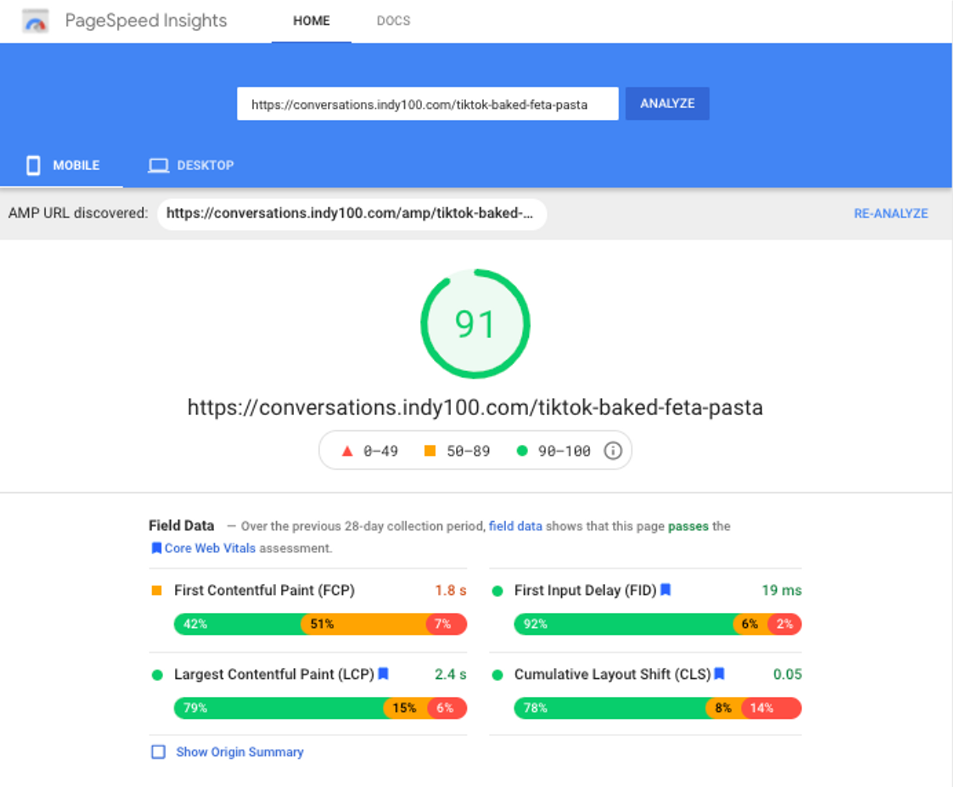 Google PageSpeed Insights results page with high scores on Core Web Vitals