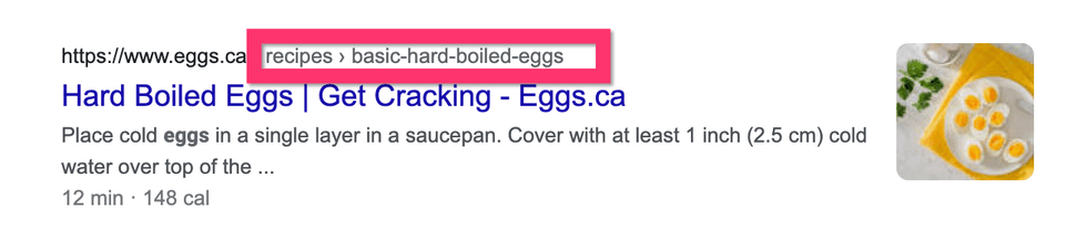 Google search result for a hard-boiled eggs recipe with an image of sliced eggs on a plate.