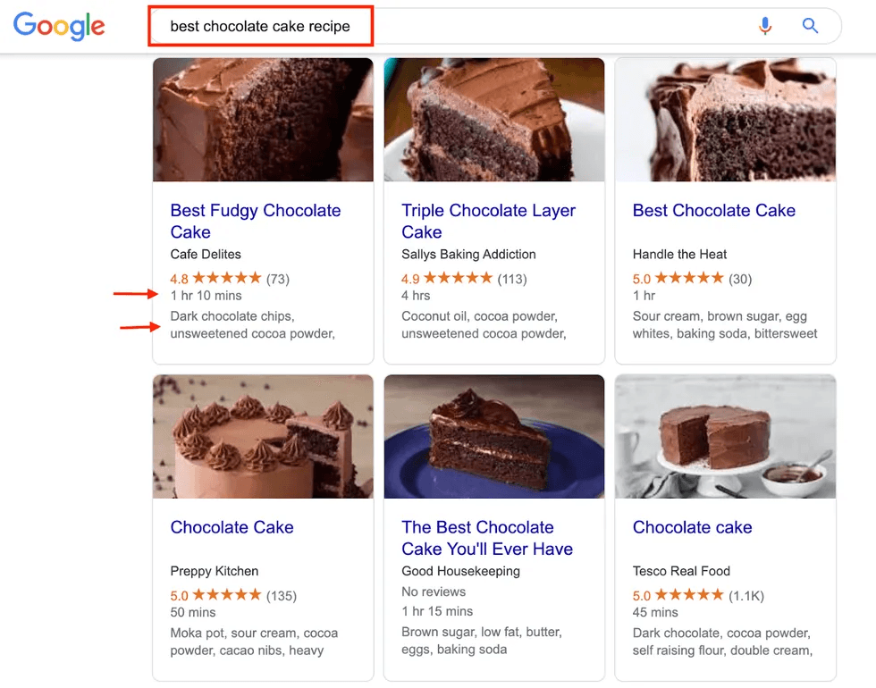 Google search results for "best chocolate cake recipe" with various cake images and ratings.