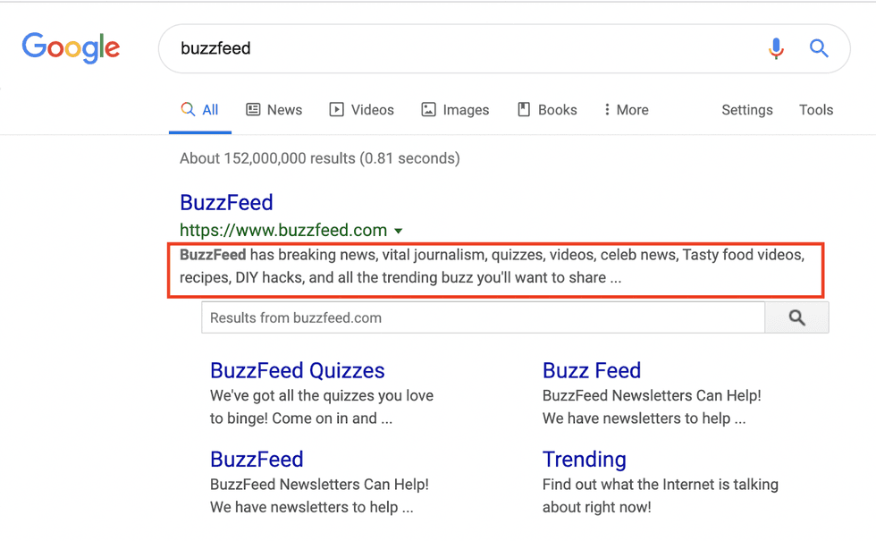Google search results for BuzzFeed with quizzes and trending content description.